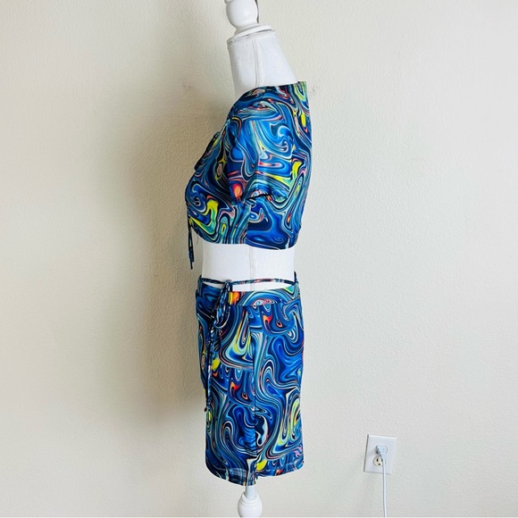 Blue Marble Trippy Front Lace Up Short Sleeve Crop Top & Side Tie Mini Skirt Set - Picture 3 of 4